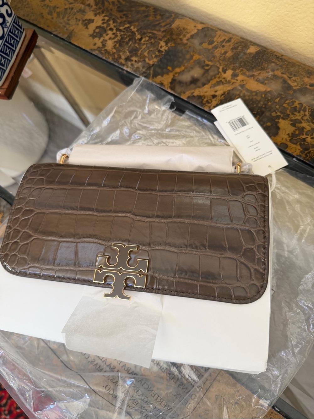 Tory Burch Croc-Embossed Brown Britten Convertible Shoulder Bag with Gold Logo